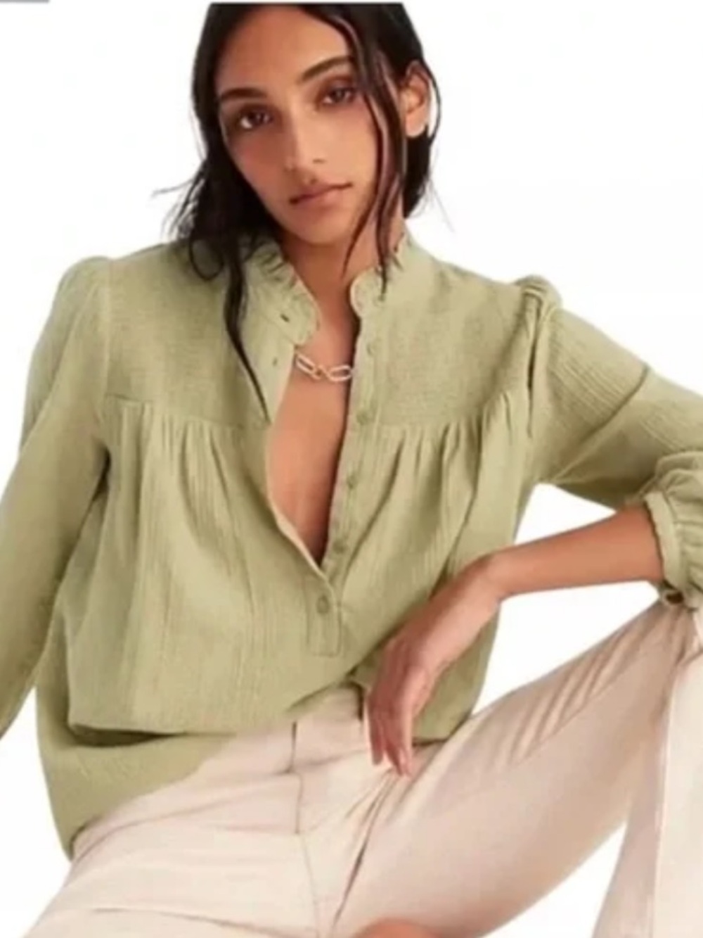 J. Crew Light Sage Green Button-Front Guaze Peasant Blouse
